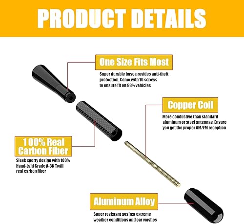 Miniatura 5 de 1 antena de automóvil con accesorios de tornillos, repuesto de antena automotriz de metal de fibra de carbono de 4.7 pulgadas, 12 V, modificación