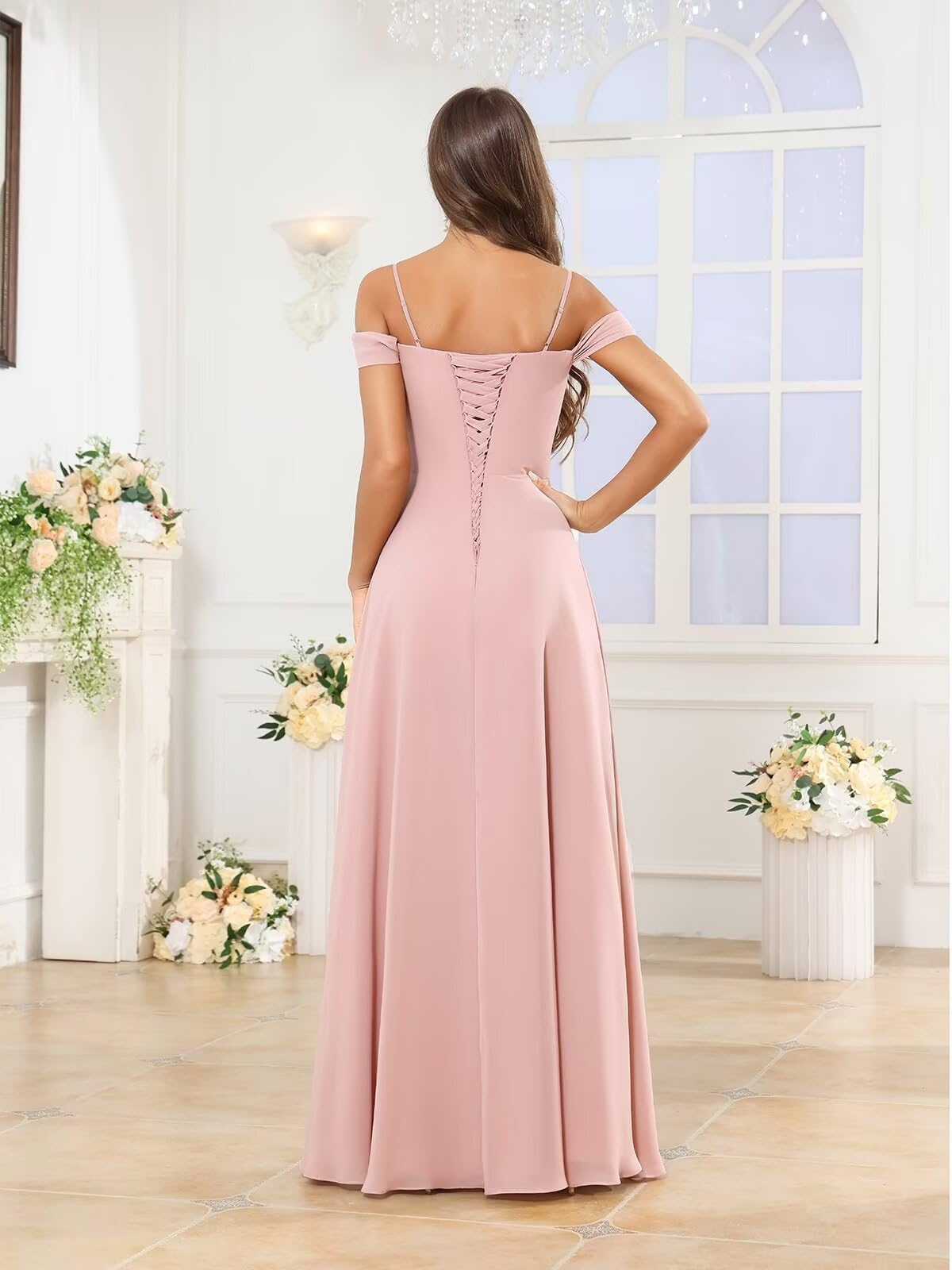 Damen Off The Shoulder Brautjungfernkleider Lang - Spaghettiträgern V-Ausschnitt Abendkleider Hochzeitsgäste Maxi Festkleid Für Hochzeit