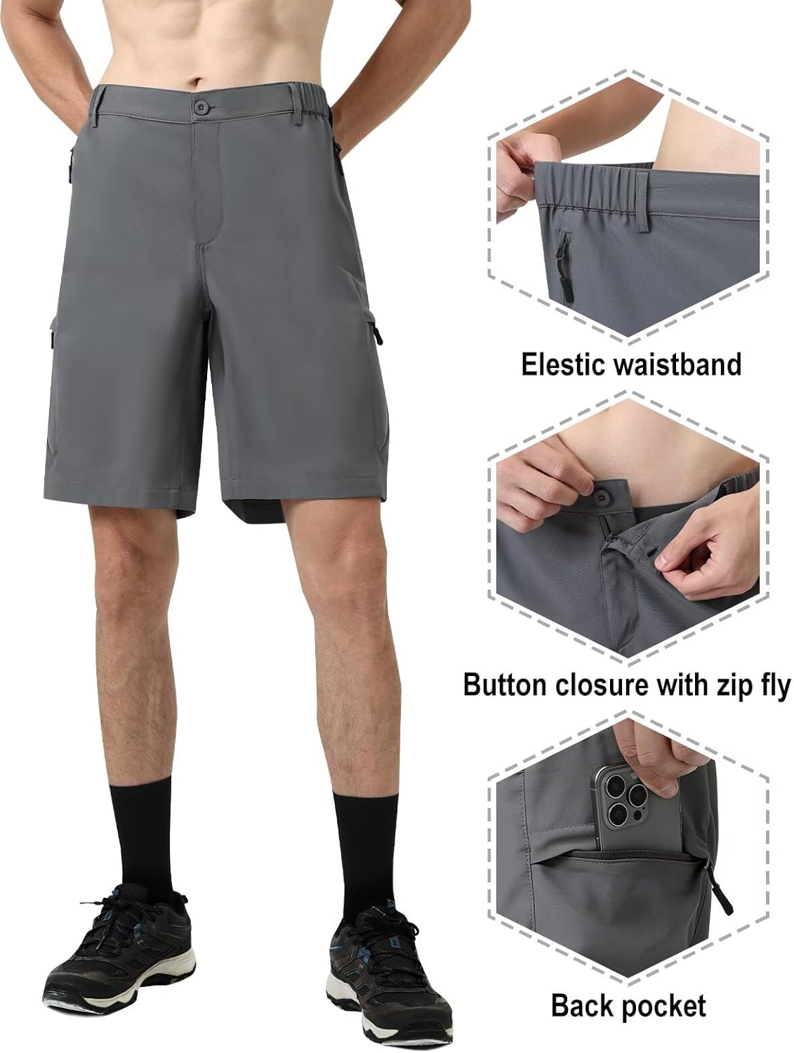 Mens Hiking Cargo Shorts: Lightweight Elastic Waist Work Sports Short with 6 Zipper Pockets for Golf Casual Fishing - Image 3