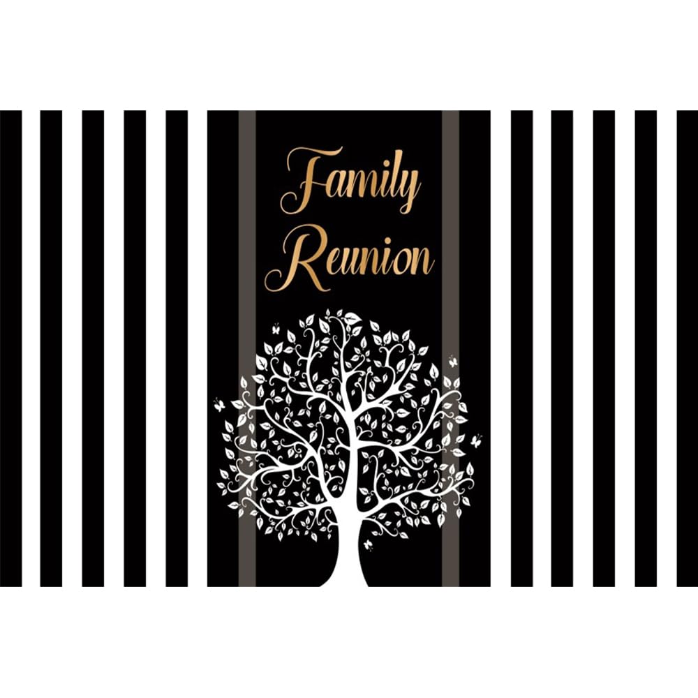 10x8ft Family Reunion Large Backdrop Family Tree Leaves Welcome to Our Family Members Black White Stripes Photography Background Gathering Golden Party Decorations Supplies Photo Banner Booth Props
