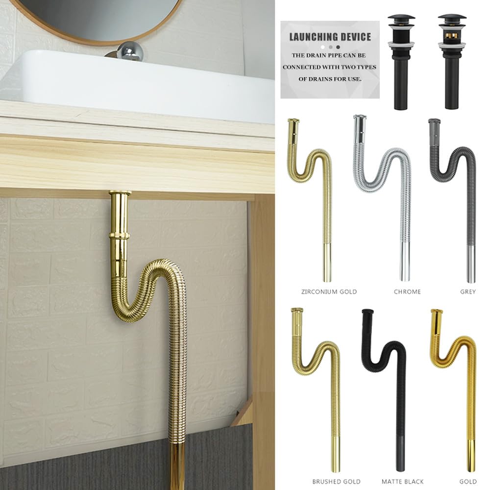Robinetterie de Cuisine et Salle de Bain Durable, plomberie, Tuyau d'évier chromé, bonde escamotable avec ou sans Trou de trop-Plein, Tuyau d'évacuation doré Uniquement
