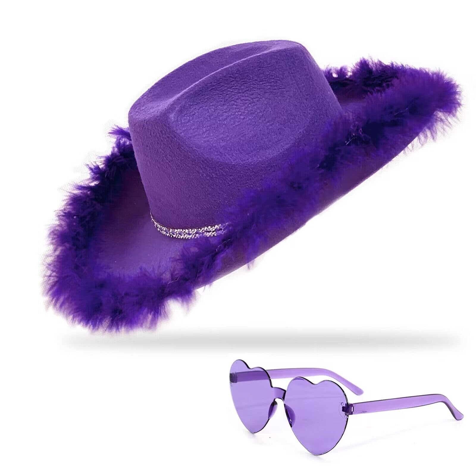 db11 Cowboy Hat Cowgirl Hat with Sequins Rodeo Party Hats with Heart Glasses (Purple)