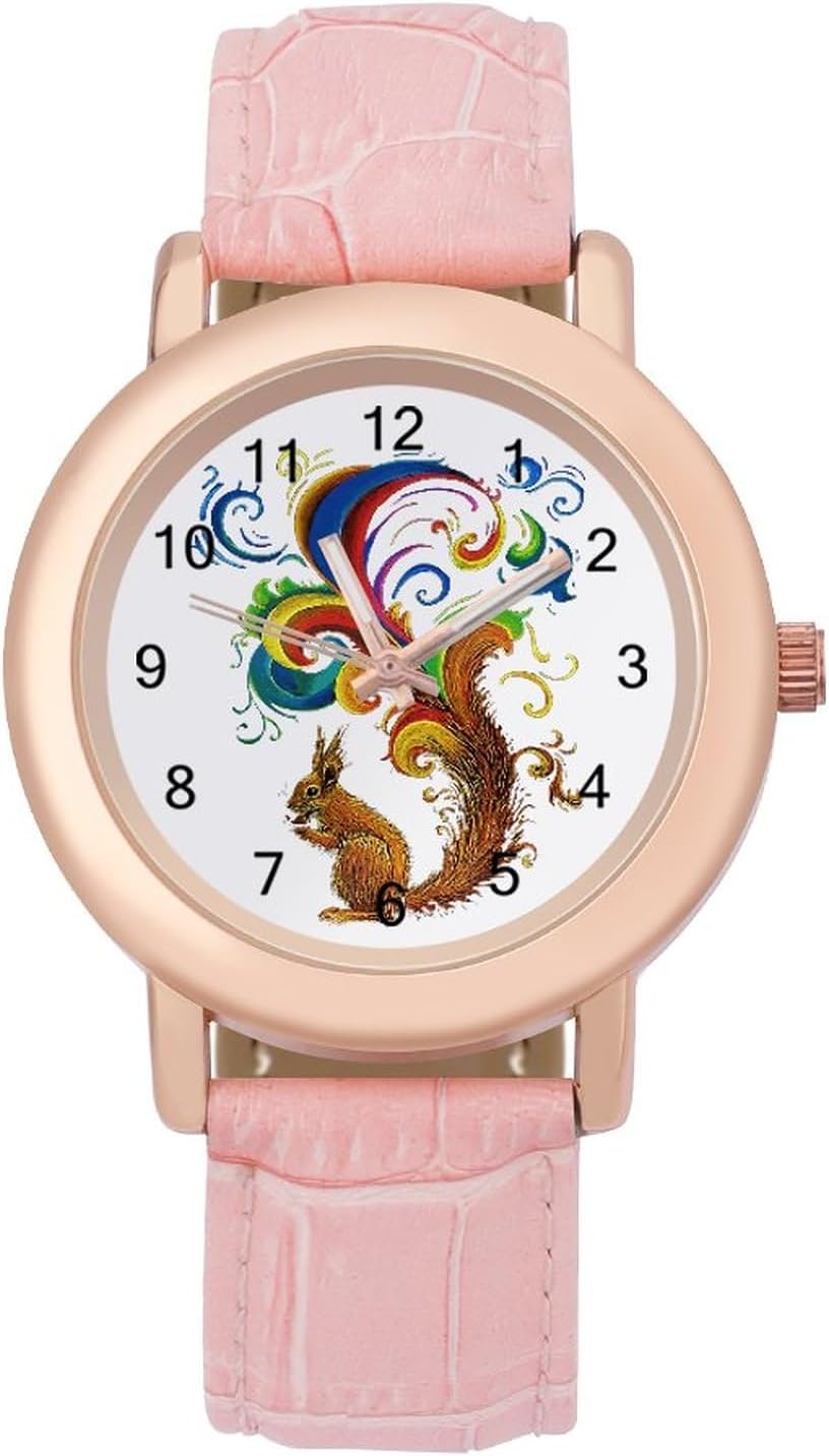 MHXYZHWPsychedelic Squirrel Fashion Women‘s Wrist Watch Stainless Steel Quartz Watch with PU Strap Easy to Read