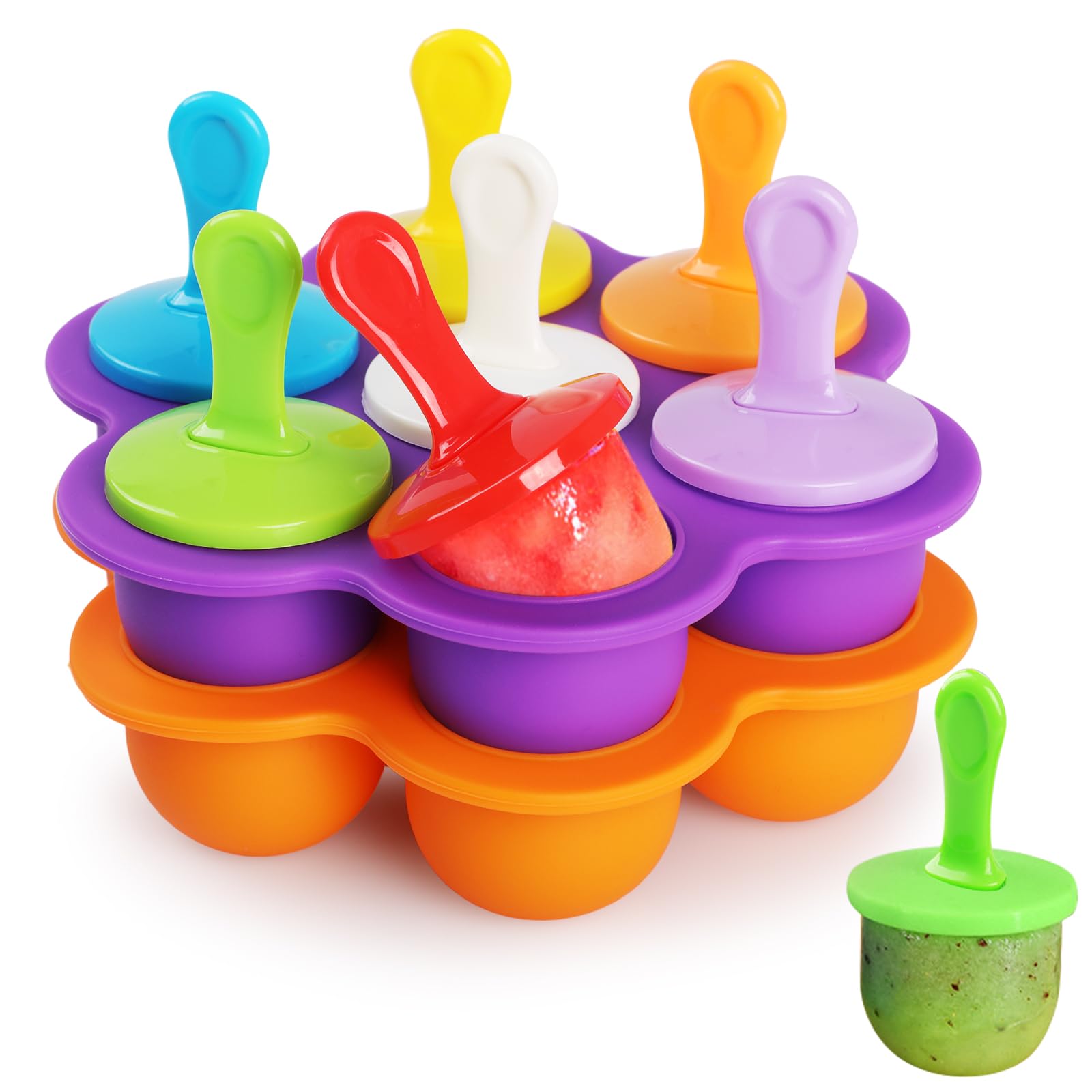 WD&CD 2 Pack of 14 Ice Lolly Moulds Silicone with 18 Plastic Sticks, Mini Ice Moulds Silicone Moulds for Freezing Fruit or Yoghurt (Purple and Orange)