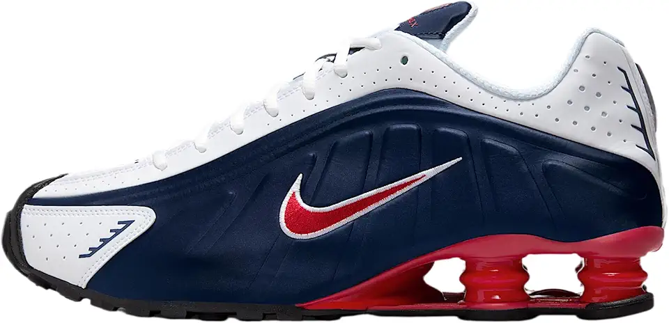 Shox R4 Tênis masculino (azul marinho/branco/prata metálico/vermelho academia)