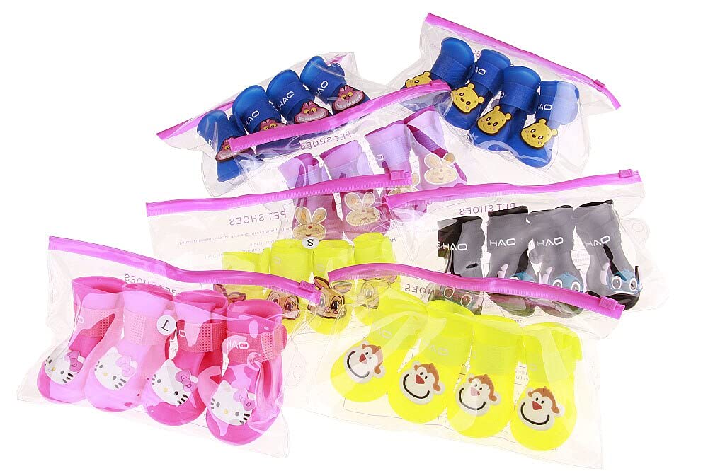 4Pcs/Set Portable Pet Dog Rain Shoes For Dogs Booties Rubber Dog Shoes Waterproof Dog Cat Rain Shoes Anti Slip Dog Boot Shoes (Monkey-Yellow, M)