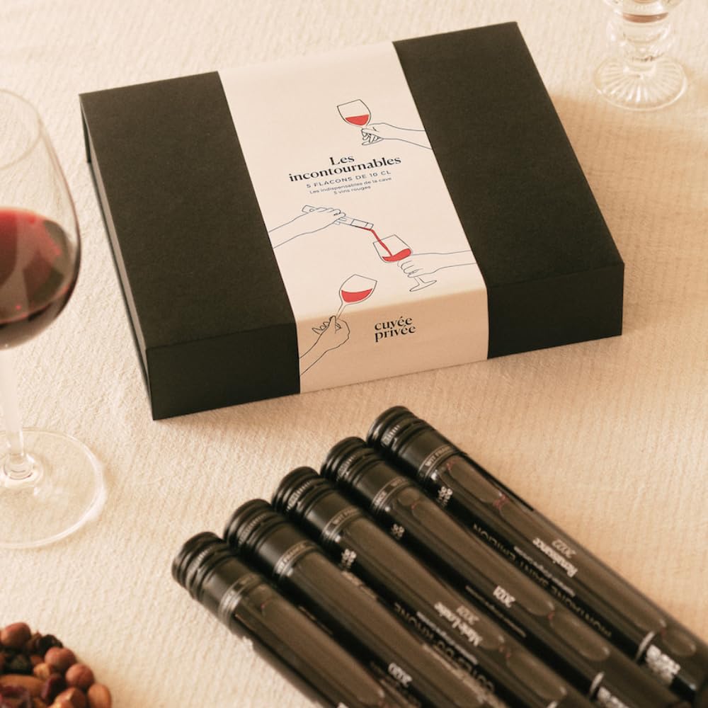 Coffret dégustation vins rouges 100 % – 5 flacons 10 cl - Bourgogne, Bordeaux, Rhône, Languedoc – Sélection France - Format verre - Cadeau œnologique