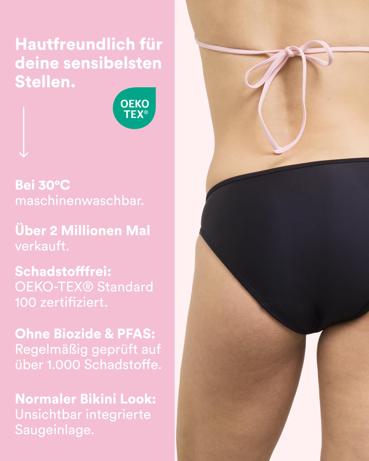 The Female Company Perioden Bikini Slip Schwarz – Perioden Bademode Unterteil mit Auslaufschutz – Period Swimwear bei Leichter bis mittlerer Periode – Unsichtbare Saugeinlage & sicher im Wasser