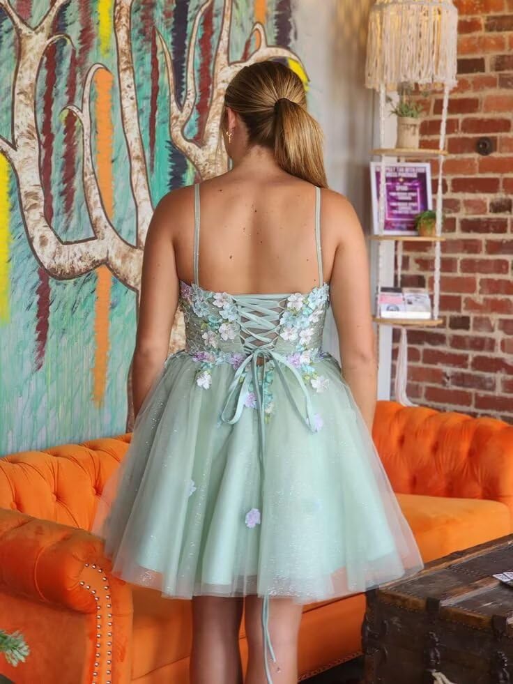 Youjiayi 3D Floral Short Homecoming Dresses for Teens Spaghetti Straps DAMA Dress for Quinceanera Puffy Tulle Short Ball Gown3