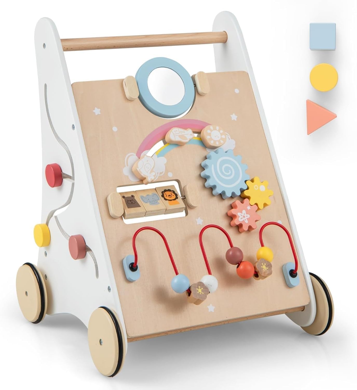 Wooden Baby Walker, Montessori with Multiple Activity Toys, Storage, Push Walker Toys for Infant Learning to Walk, Sit to Stand Walker for Boys Girls 1+ Years Old (White)