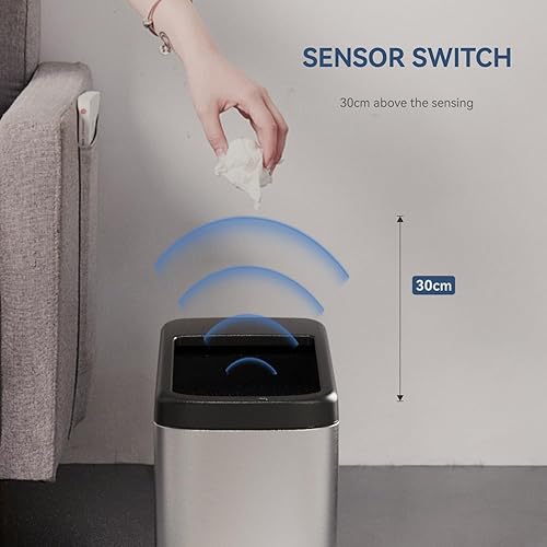 Miniatura 3 de ELLO&ALLO Bote de basura rectangular con sensor de movimiento automático sin contacto de 50 litros y 13 galones para cocina, cepillado, 13 galones