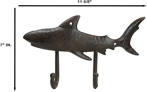 Miniatura 2 de Ebros Gift Paquete de 2 ganchos de hierro fundido rústico náutico marino océano mar gran tiburón blanco 2 clavijas ganchos de doble pared 12