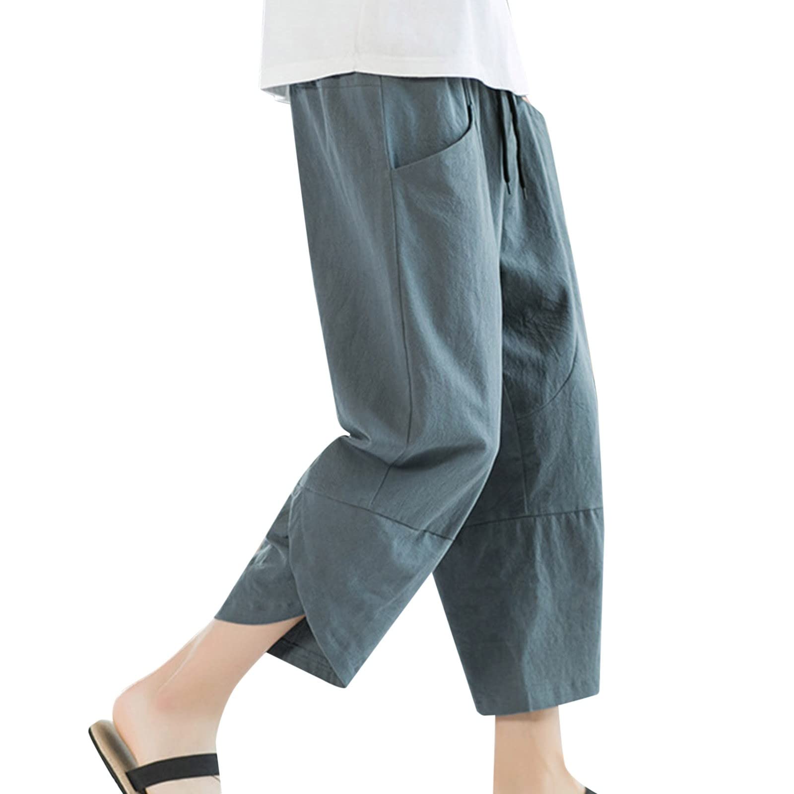 QWUVEDS Sommer Cropped Hose Herren Dünne Leinen Freizeithose Lose Große Haremshose Baumwolle Leinen Strand Shorts. Hose Herren Stoffhose Baggy Jeans Baggy Jeans Herren Baggy Jeans Jungen