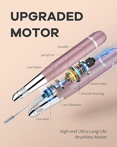 Miniatura 6 de Taladro de uñas de 45000 rpm, pantalla LCD inalámbrica Efile sin escobillas y tecnología de reducción de calor para uñas de gel acrílicas (blanco)