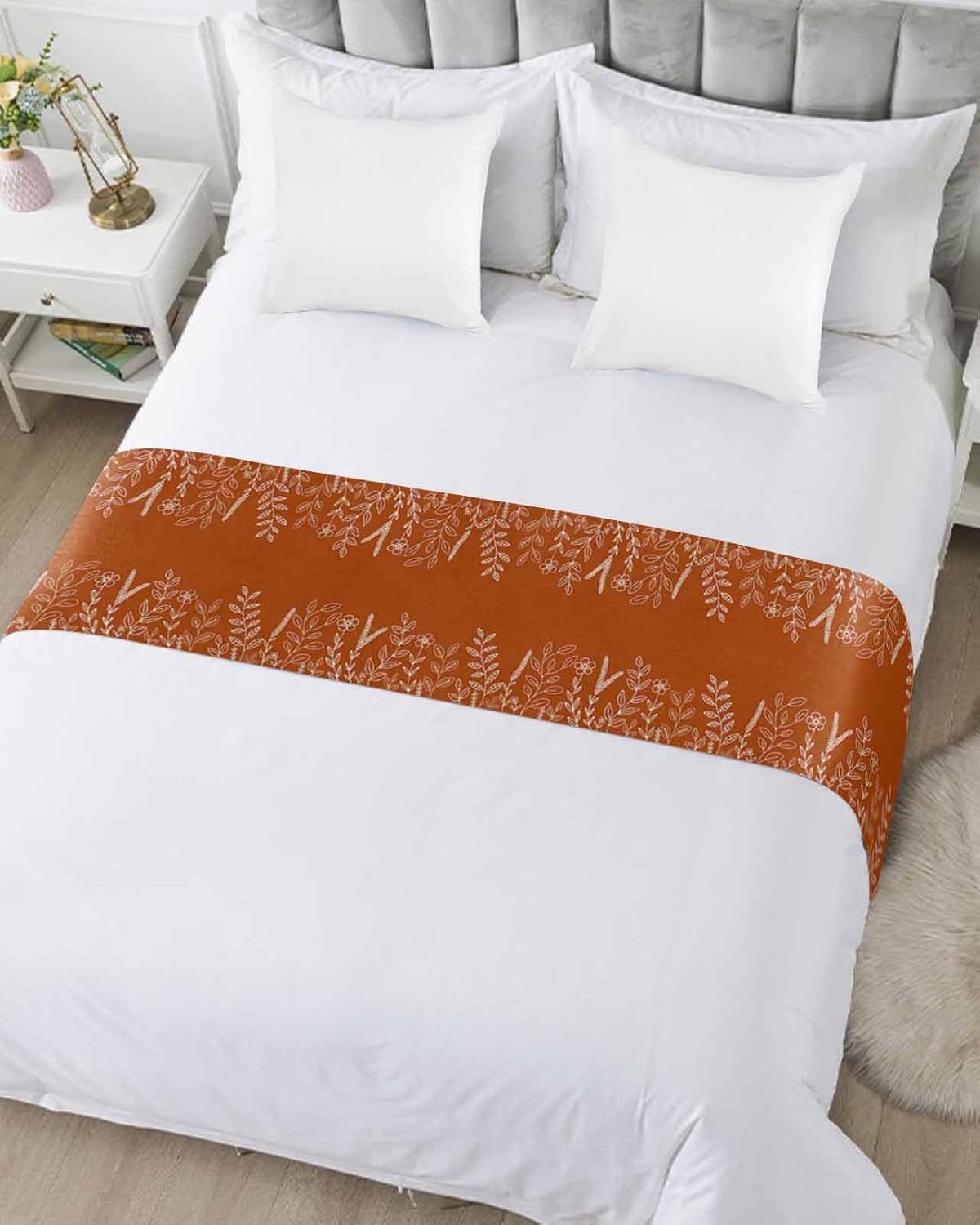 Farm Wild Flower Wheat Ear Bed Runners for Bedroom Hotel,Decorative Bedding Scarf Pastoral Leaf Orange Back Bed End Blanket Bedding Runner Scarves for Queen Size Beds,94x20in