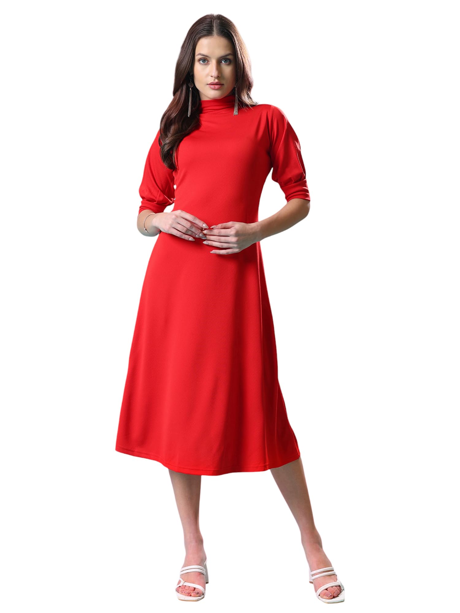 Purvaja Womens A-Line Knee Length Dress (Bely-127_Red_Small)