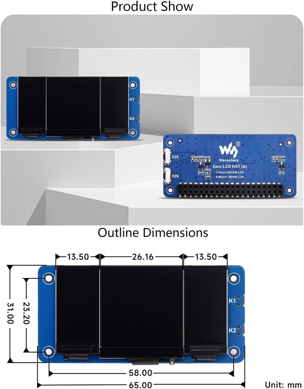 Triple LCD HAT Outline Dimensions