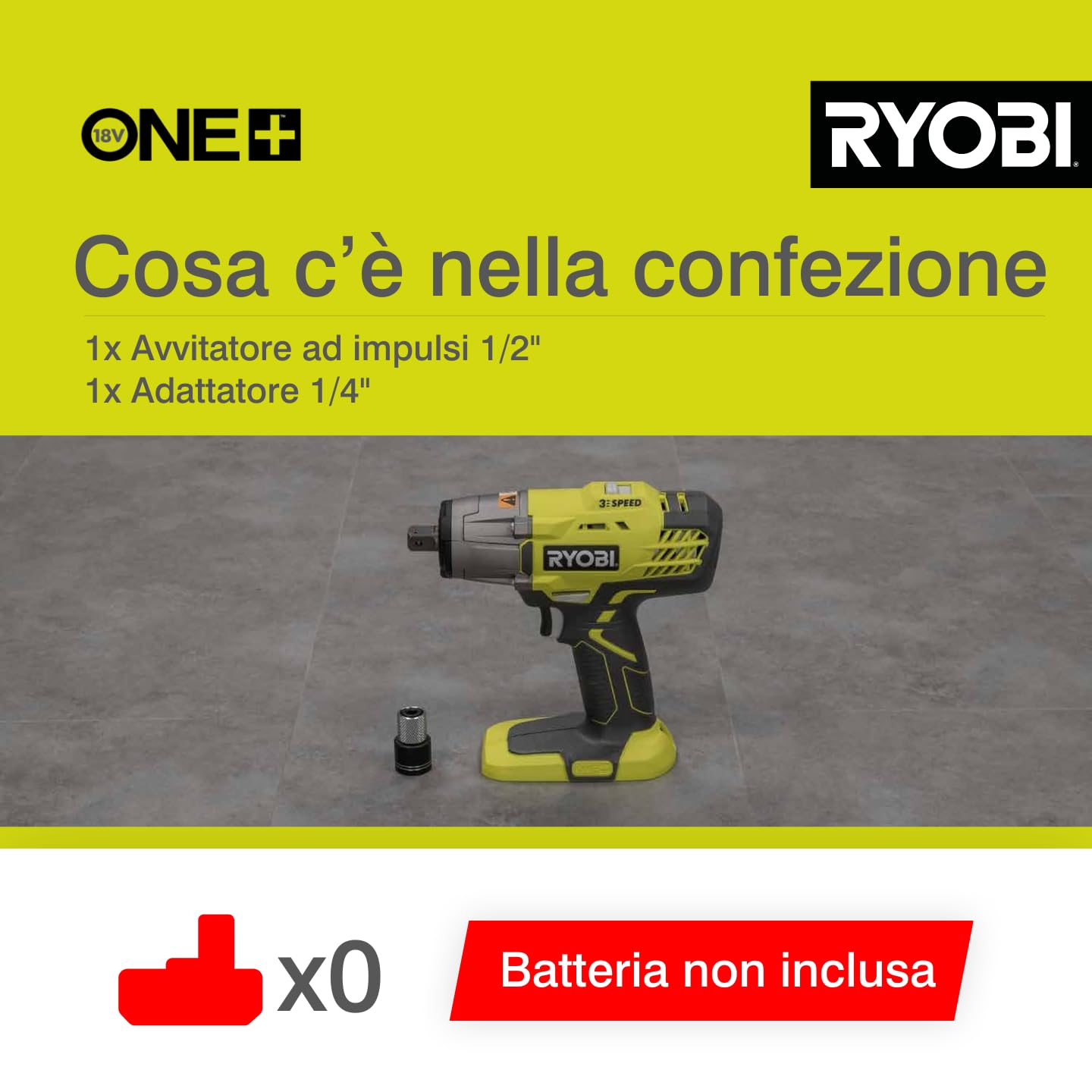RYOBI R18IW3-0 Avvitatore ad Impulsi 1/2" a Batteria 18V ONE+, Batteria non Inclusa, 3 Velocità, 3.200 Colpi/Minuto e Velocità a Vuoto 0-2.900 Giri/Minuto