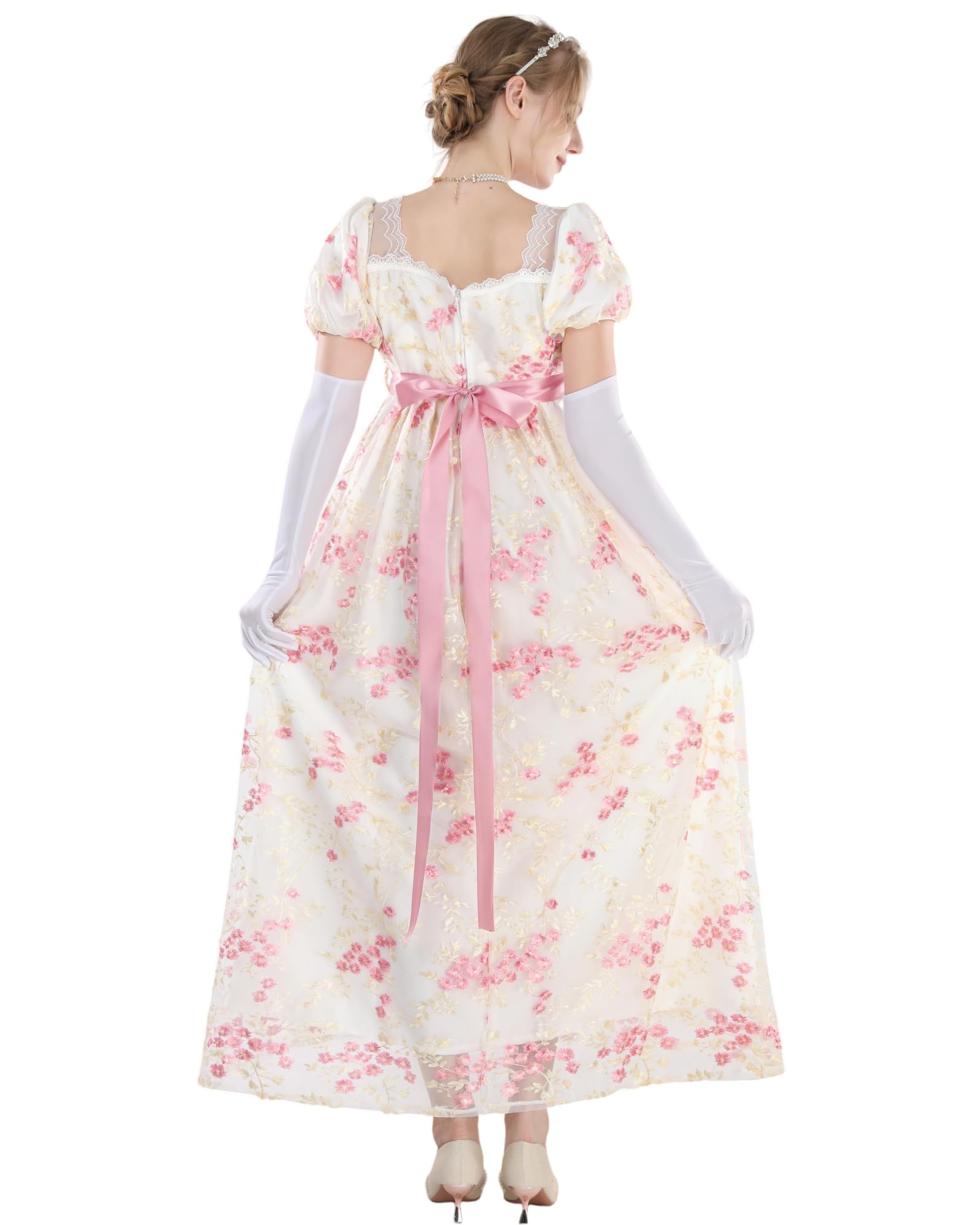 NSPSTT Women Regency Dresses Puff Sleeves Empire Waist Victorian Dresses Pink Long Dress Tea Party Gown with Gloves,M - Image 3