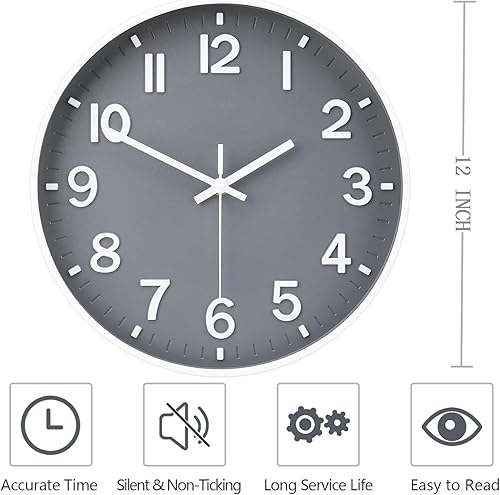 Miniatura 4 de Reloj de pared  12 pulgadas, funciona con pilas, para dormitorio, cocina moderna, pequeño, silencioso, analógico, redondo, simple, silencioso, de