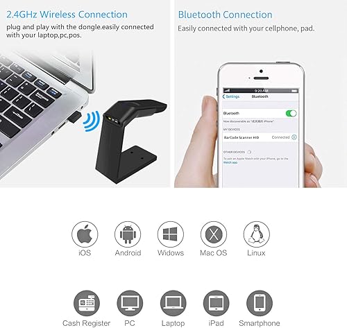Miniatura 4 de Escáner de código de barras inalámbrico con soporte, compatible con Bluetooth, conexión inalámbrica y con cable de 2.4 GHz, todo en uno para