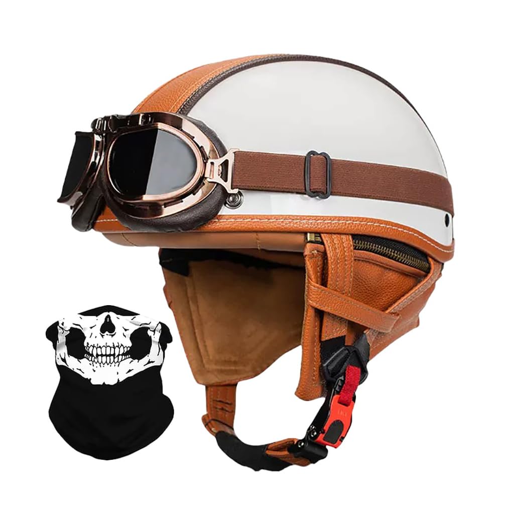Demi Casque De Moto avec Lunettes Léger Casque Jet Rétro, Demi-Casque Moto Cuir Vintage Homologué ECE, Boucle à Dégagement Rapide Réglable Casque Ouvert pour Scooter Vélo Cruiser