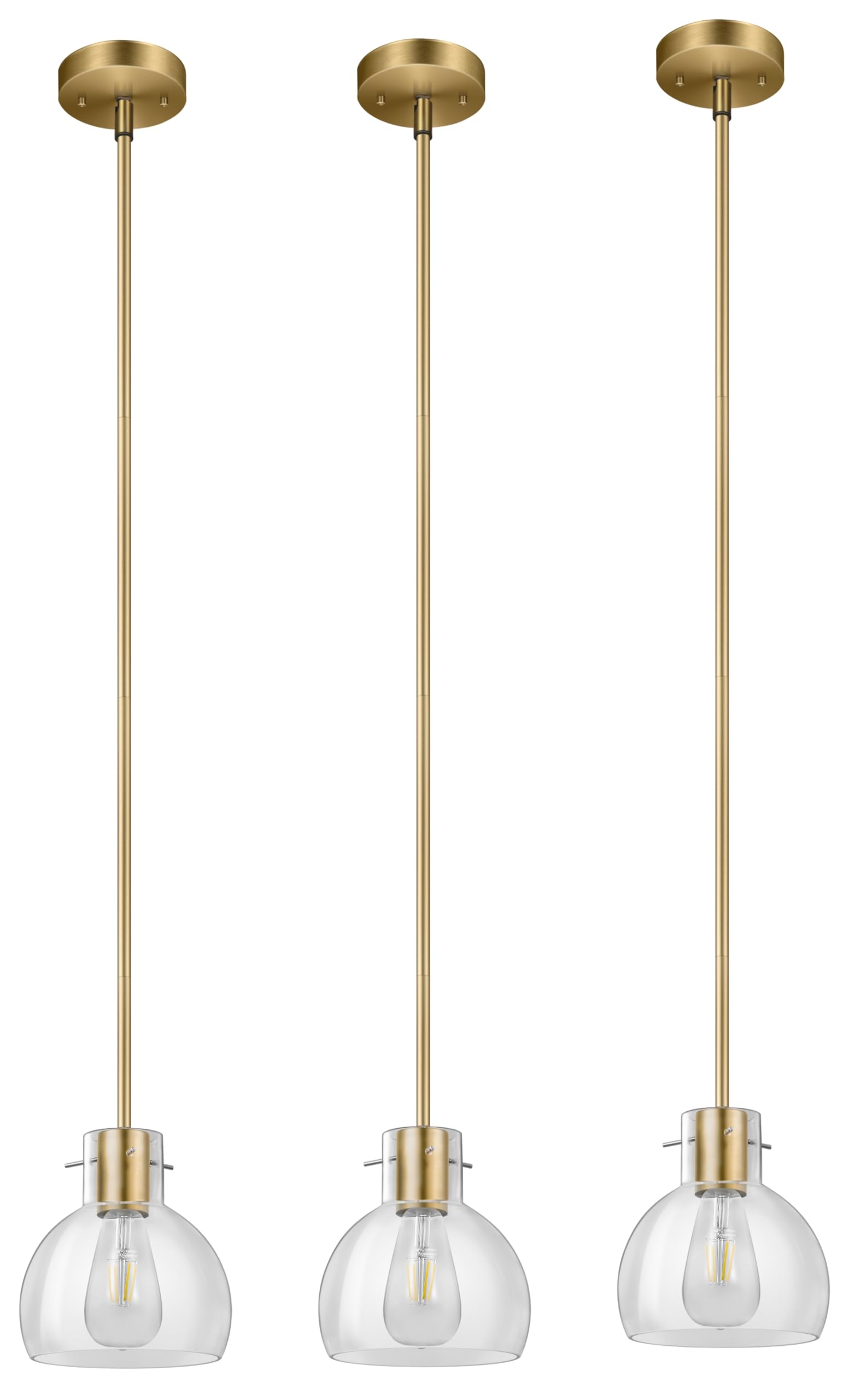 CRAFTRONOS 3 Pack Single Brushed Copper Vintage Kitchen Island Pendant Lights,Brass Modern Chandelier Clear Glass Shade, Adjustable Height Multiple