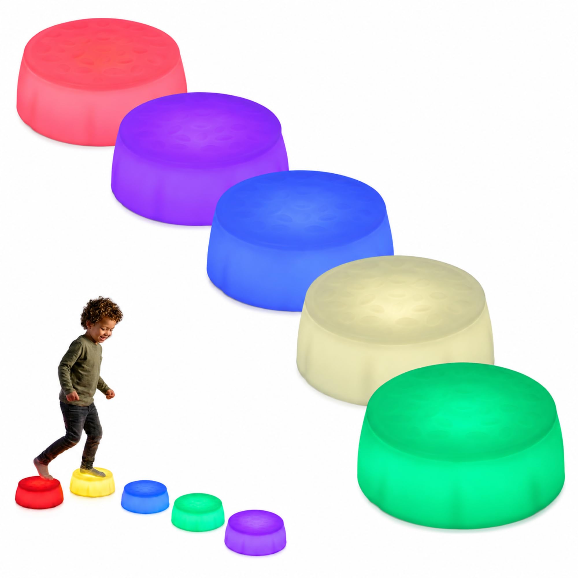 Playlearn LED Balance Round Pods Set of 5, Light-Up Textured Stepping Pods with Colour-Changing LEDs, Tactile Anti-Slip Surface for Indoor Activity Games and Movement Play