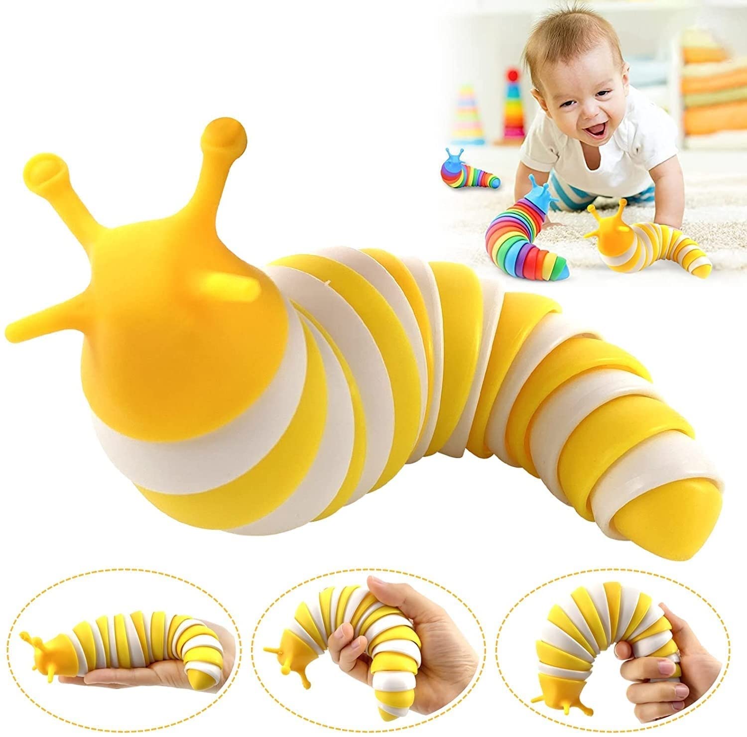 COOLCOLD Kids Toy, Small Slug Fidget Toys, Baby Toys, Sensory Toys for Kids, Clicky Sound Making Toy, Flexible Stretchable Joints Toy for Anxiety, Autism (14 CM, White-Yellow)