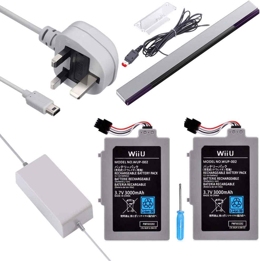 Florally 2Pcs Rechargeable Replacement Wii U GamePad Battery + AC Adaptor Wall Travel Power Supply + Wired Infrared IR Ray Motion Sensor Bar Compatible For Wii U Gamepad