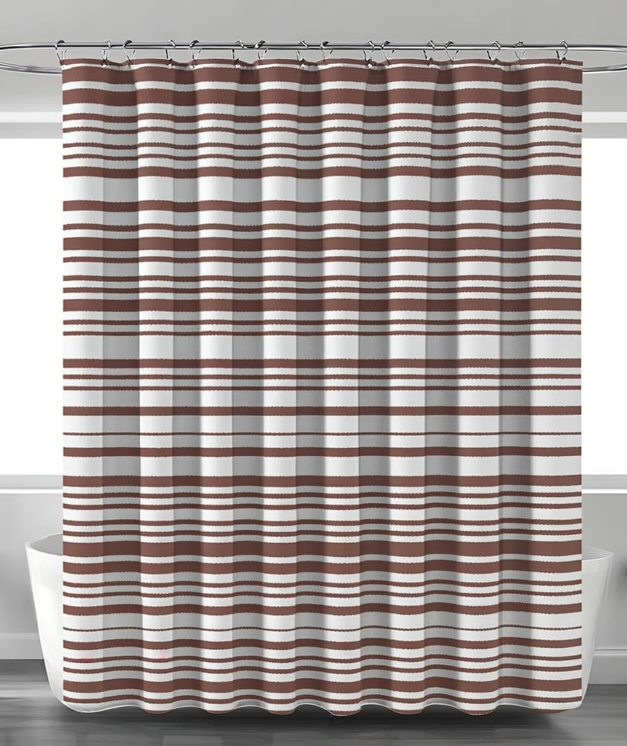 100% Recycled Cotton Modern Stripe Brown Rust Shower Curtain – Eco-Friendly, Lightweight Sustainable Fabric, Button Hole Semi Sheer Curtain for Bathroom, Durable & Washable, 72"x72"