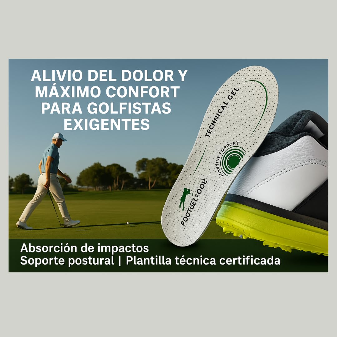 Golf | Plantillas Deportivas de Gel Técnico | Alivio del Dolor en Pies, Rodillas y Lumbar | Absorción de Impactos | Veganas y Transpirables | Talla 41-46 | Made in Spain