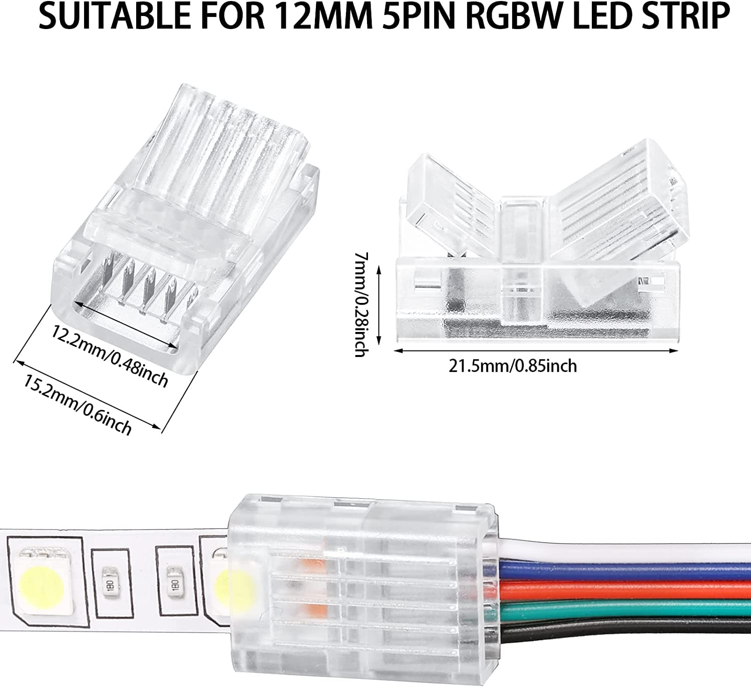 KAITOK Kit De Connecteur De Bande LED RVB 5050 De 12 Mm à 5 Broches - Comprend Un Câble D'extension De 5 M, Des Sauteurs Sans Soudure - Connecteur à 90 Degrés