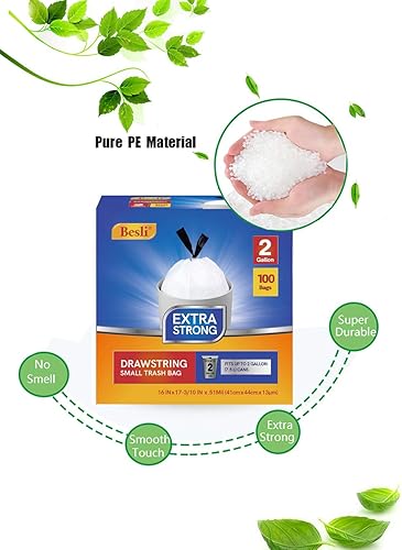 Miniatura 2 de Besli Bolsa de basura pequeña con cordón de 2 galones, 100 unidades (blanco, 2 galones)