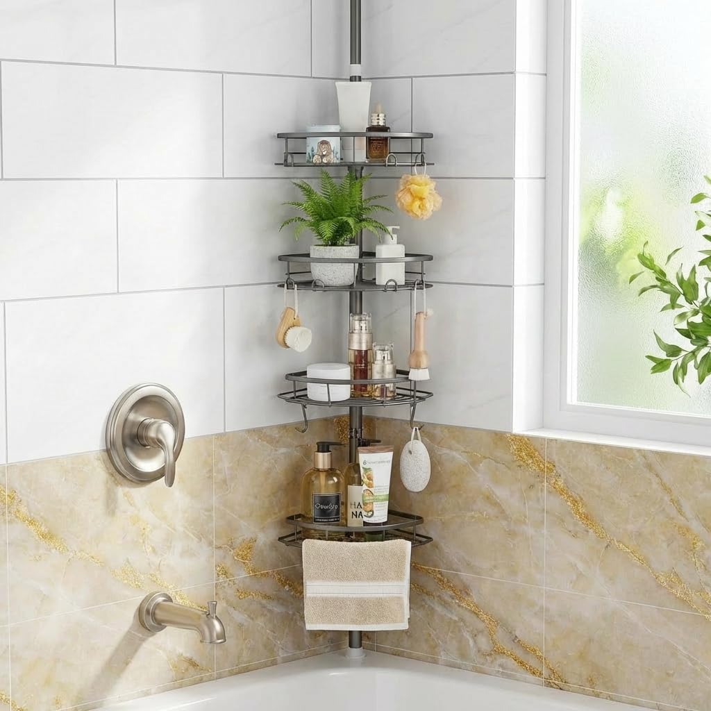 Photo 1 of DUFU Corner Shower Caddy Tension Pole, Tension Rod Organizer, 4-Tier Adjustable Floor to Ceiling Shower Caddy 33-127inch, No Drilling Shower Shelf for Inside Shower (Gray)