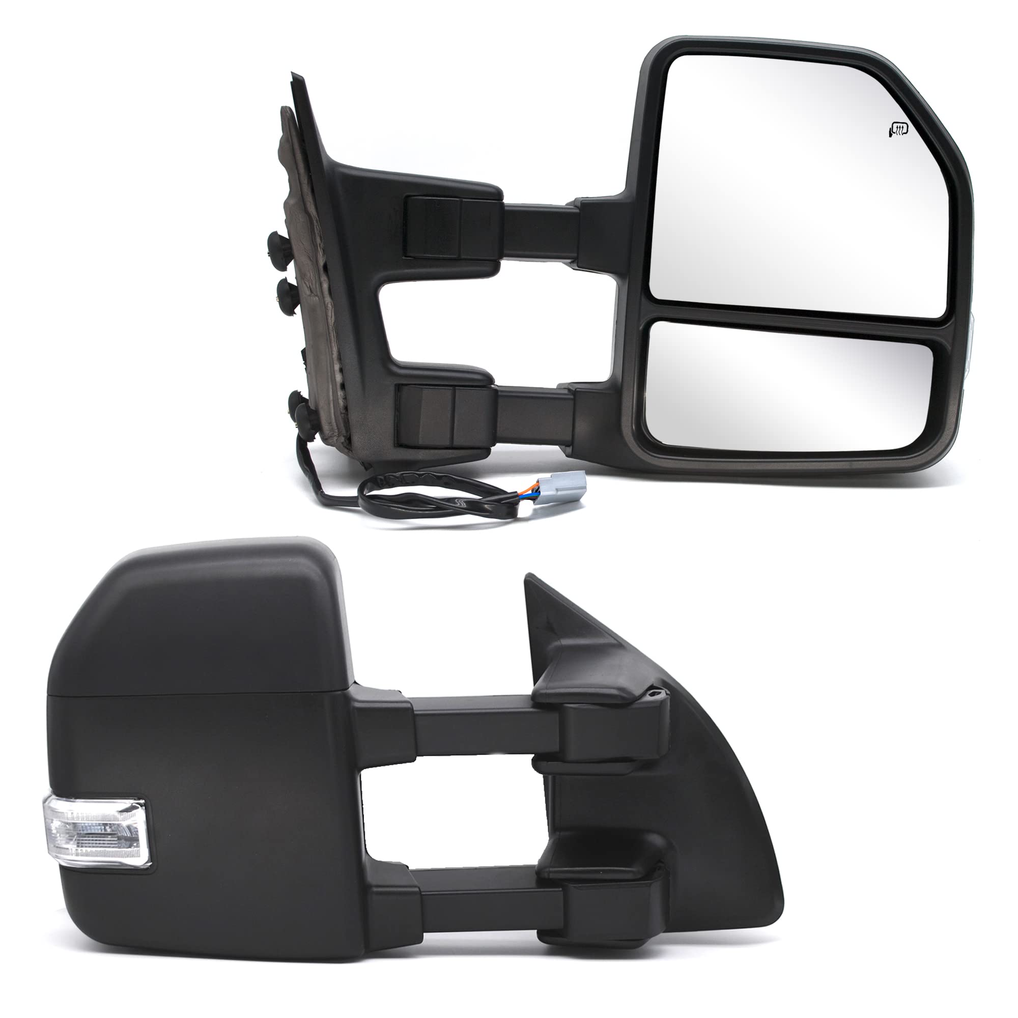 AdanzTowing Mirrors fit for 1999 2000 2001 2002 2003 2004 2005 2006 2007 F250 F350 F450 F550 Ford Super Duty Turn Signal Light Auxiliary Lamp Power Heated Black Housing Tow Mirrors LH RH