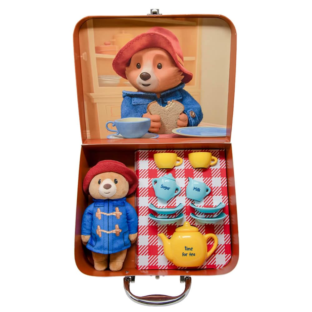 Rainbow Designs Paddington Bear's Toy Tea Set – 9-częściowy zestaw do herbaty dla dzieci z czajnikiem, kubkami, spodkami i dzbankiem na cukier – zawiera pluszową zabawkę, walizkę wielokrotnego użytku