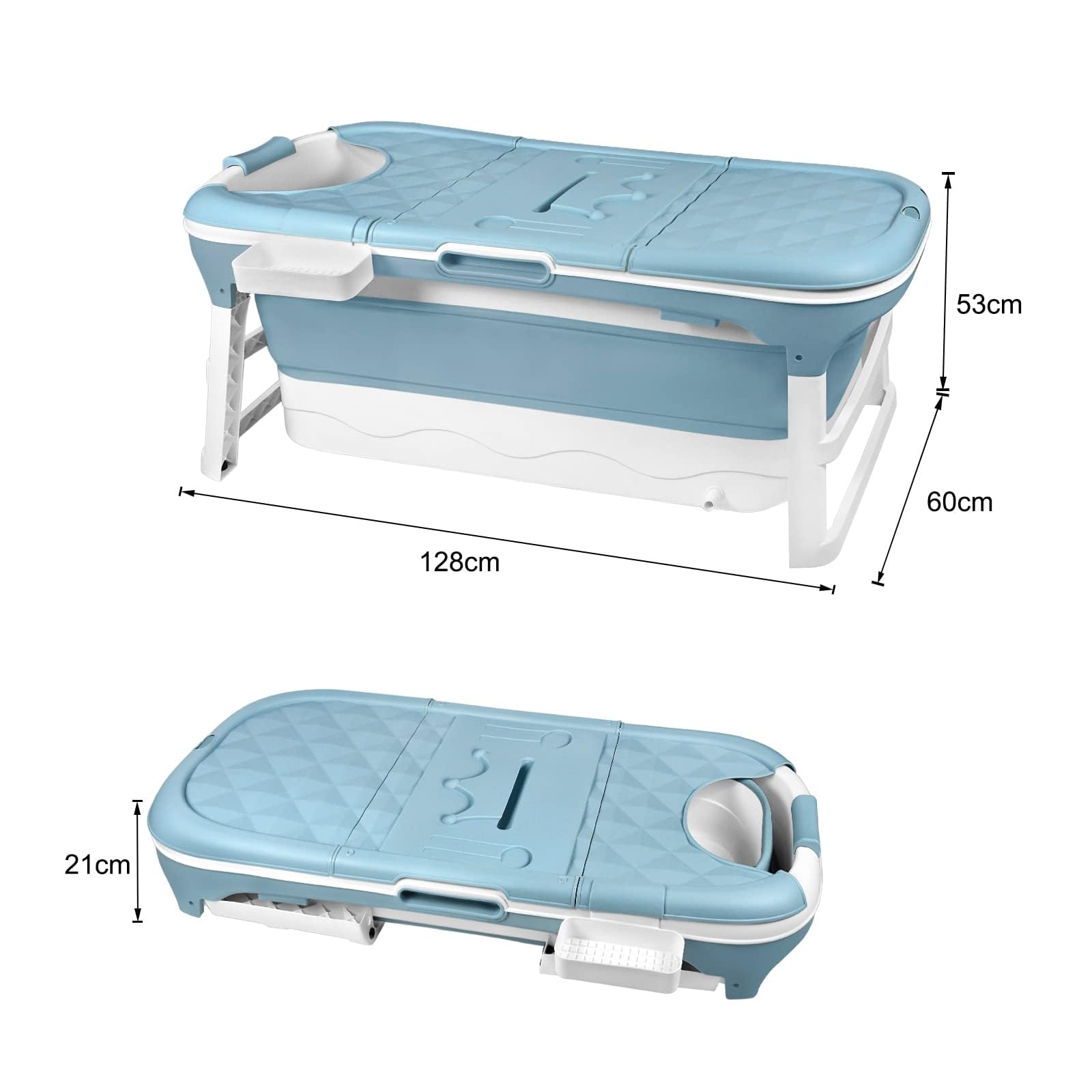 HENGMEI Baignoire pliable adulte XL Mobile Baignoire Portable Avec Couverture Rouleaux de Massage et Tablette de Bain, Bleu (128 x 62 x 52 cm)