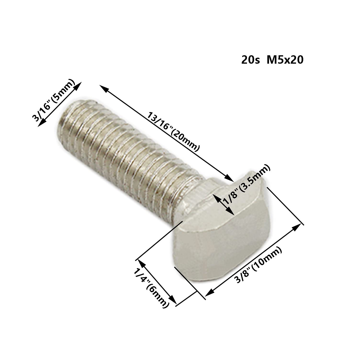 20 PCS M5 Thread T-Slot Drop-in Stud Sliding Screw Bolt, TTZEZE Heavy Duty Silver Tone Carbon Steel Nickel Plated Hammer Head Bolt T Shape Screws for European Standard 20 Series Aluminum Profile