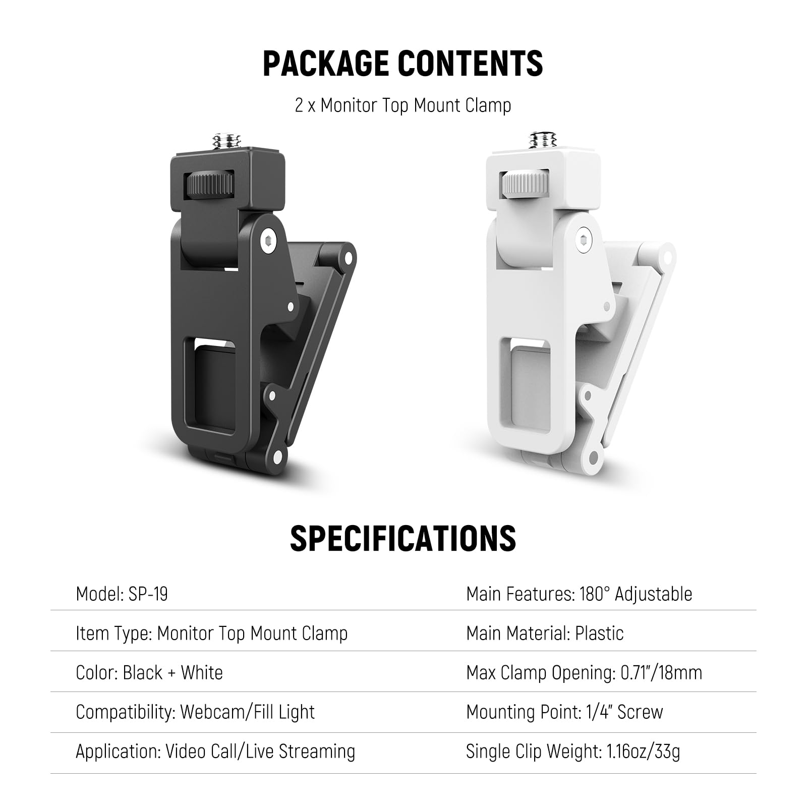 NEEWER Basics 2 pz Monitor Top Mount Mors,1/4" Vite per Webcam Selfie Cerchio Luce,0,71"/18mm Jaw 180° Tilt Mobile Clip Supporto per Registrazione Video Streaming Computer Portatile Conferenza,SP-19
