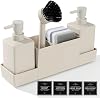 Kitchen Soap Dispenser Set, Washing Up Liquid Dispenser Beige with Sponge Caddy and Brush Holder, Dish Soap Dispenser for Kitchen Countertop Sink Organiser (Beige, 4 in 1)