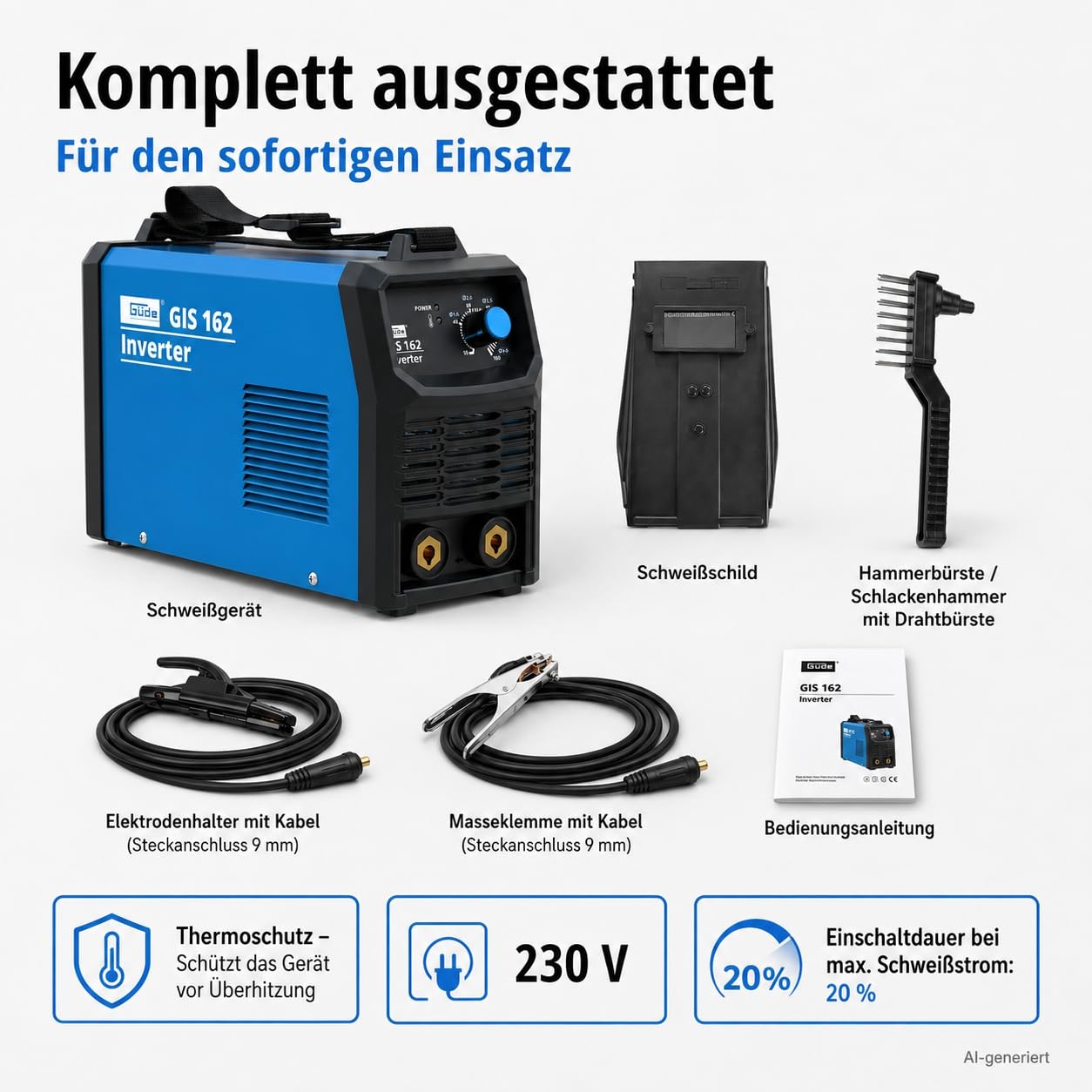 Güde Spawarka inwerterowa GIS 162 (230 V, moc biegu jałowego 15,5 W, maks. moc sieciowa 5,0 kVA, zakres regulacji prądu spawania 10-160 A, w zestawie uchwyt elektrody, zacisk masowy, młotek żużlowy i
