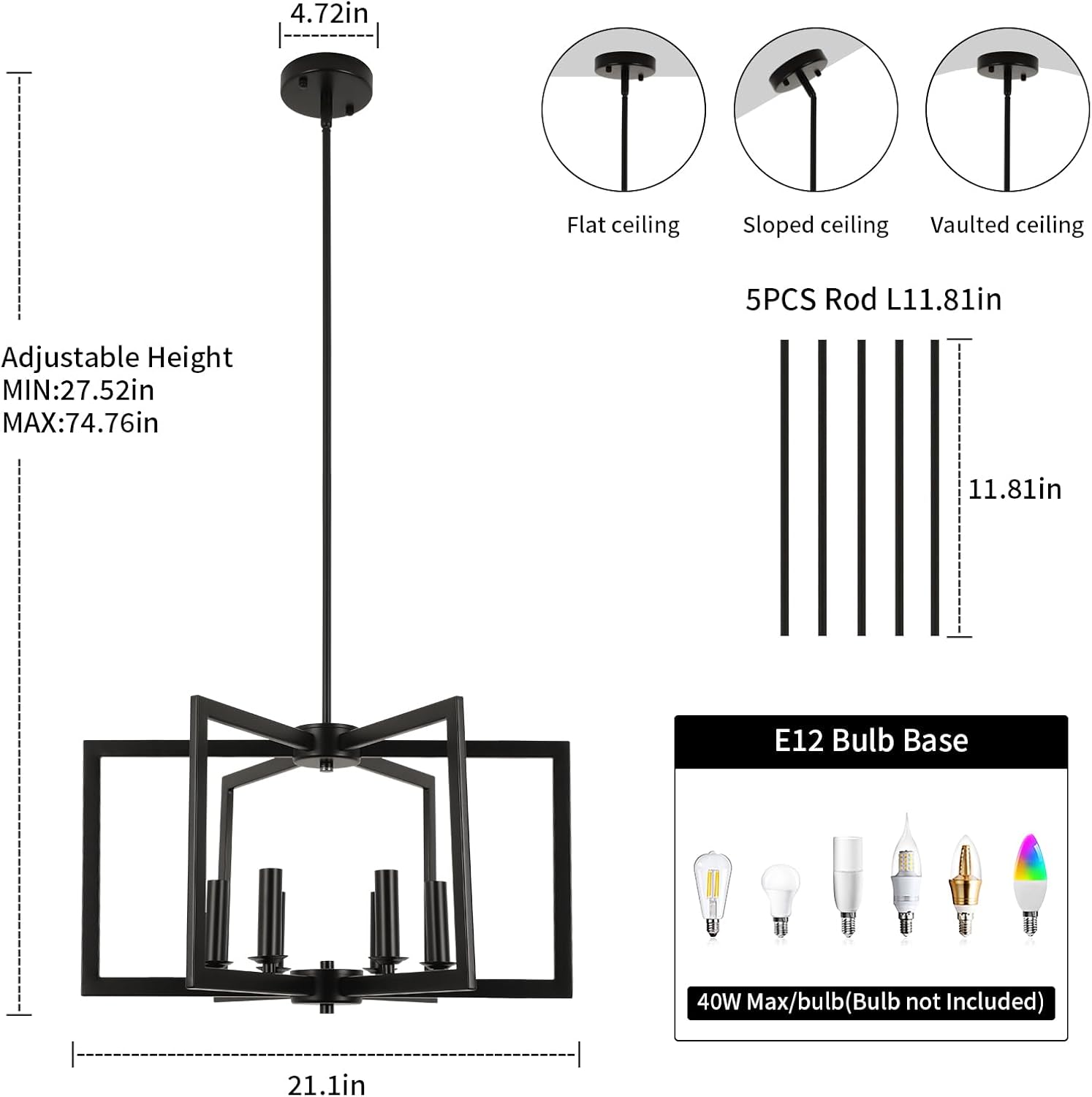 6-Light Black Chandelier Dining Room Light Fixture Geometric Metal Modern Industrial Pendant Lights Kitchen Island, Farmhouse Chandelier Lighting for Entryway Stairway Foyer Hallway