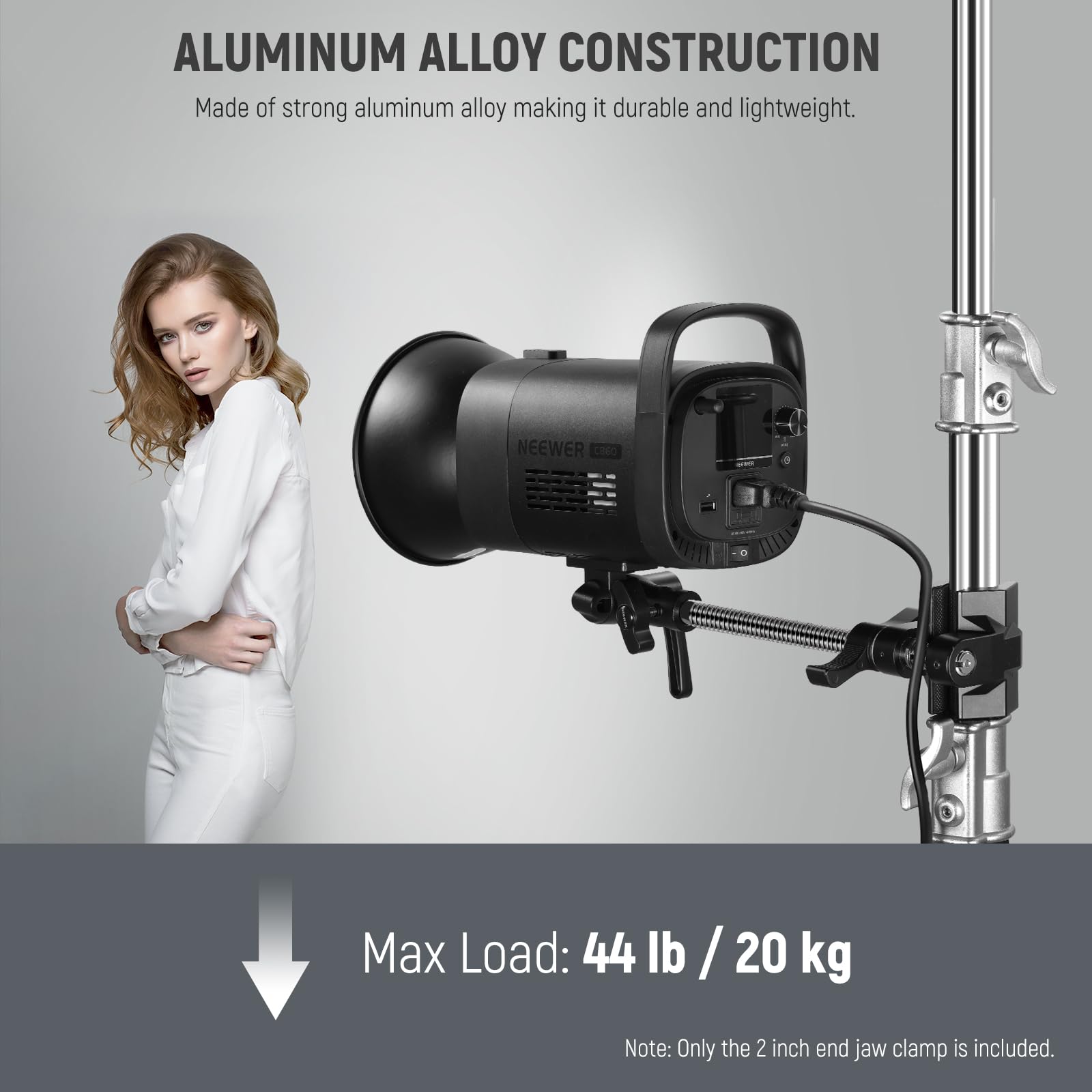 NEEWER Uchwyt końcowy 23 cm z trzpieniem 16 mm, stalowy zacisk rurowy z regulowanymi aluminiowymi szczękami, gumowe podkładki do stojaka C, zapobiegające skręcaniu, uchwyt obrotowy z łatwą blokadą do