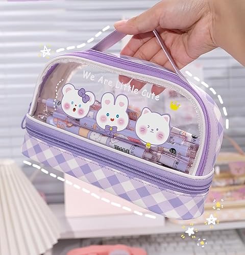 Miniatura 4 de JHTPSLR Estuche grande Kawaii con correa para lápices de dibujos animados, estuche transparente de doble capa, estuche grande para lápices,