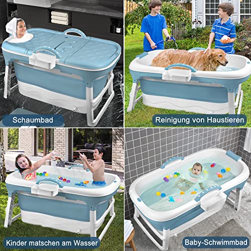 VANCHEMO Faltbare Badewanne 128 x 62 x 53 cm, Mobile Badewanne Erwachsene Mit Abdeckung Massagerollen und Badewannenablage, für kleines Badezimmer (Blau) – Bild 8