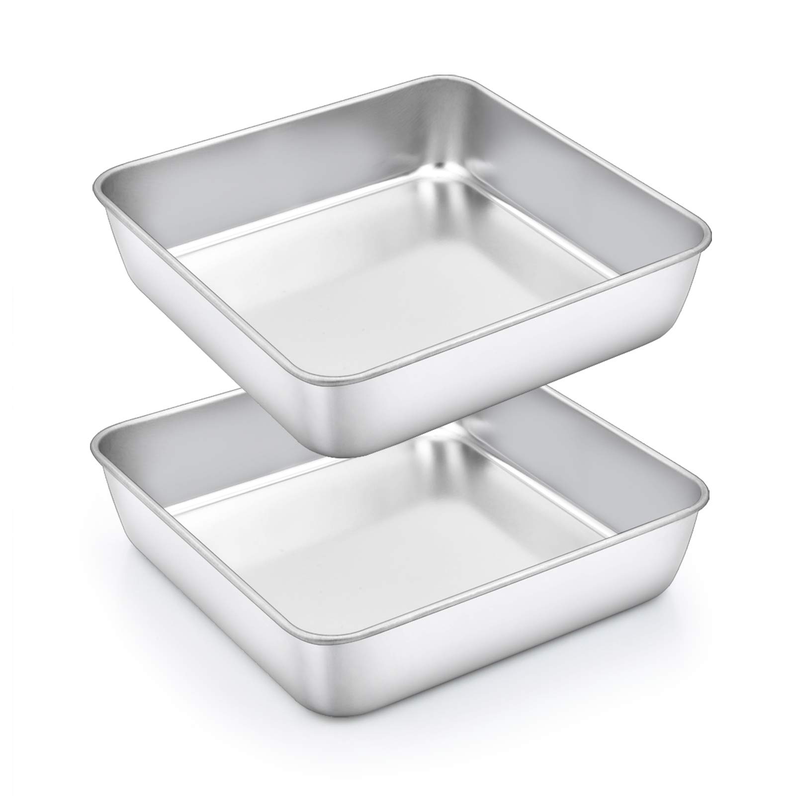 TeamFar Square Cake Pan, 2 PCS 8 Inch Square Baking Pan Stainless Steel for Cake Brownie Lasagna, Healthy & Non Toxic, Sturdy & Brushed Surface, Dishwasher Safe