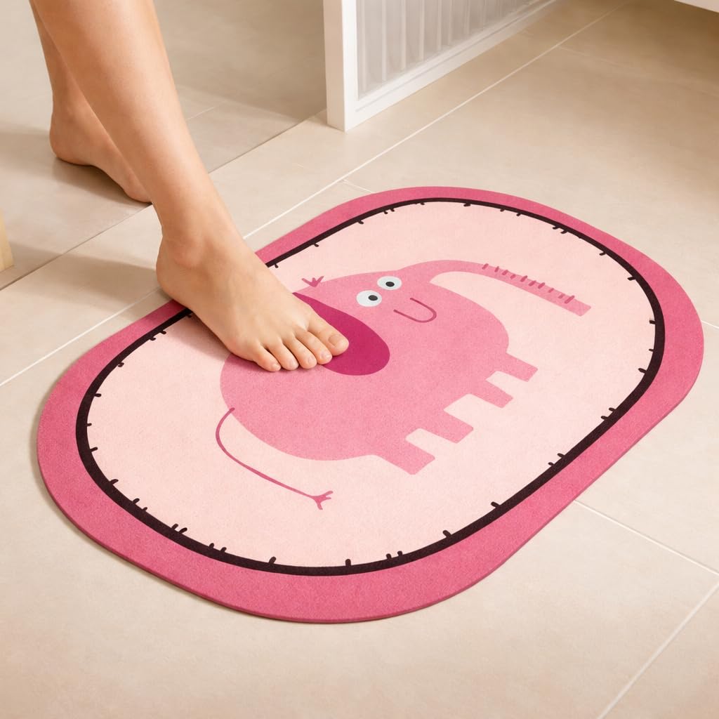 Super Absorbent Bathroom Floor Mat with Cute Cartoon Elephant Design, Pink, Microfiber, Anti-Slip Backing, Quick Drying, Oval Shape-image-0
