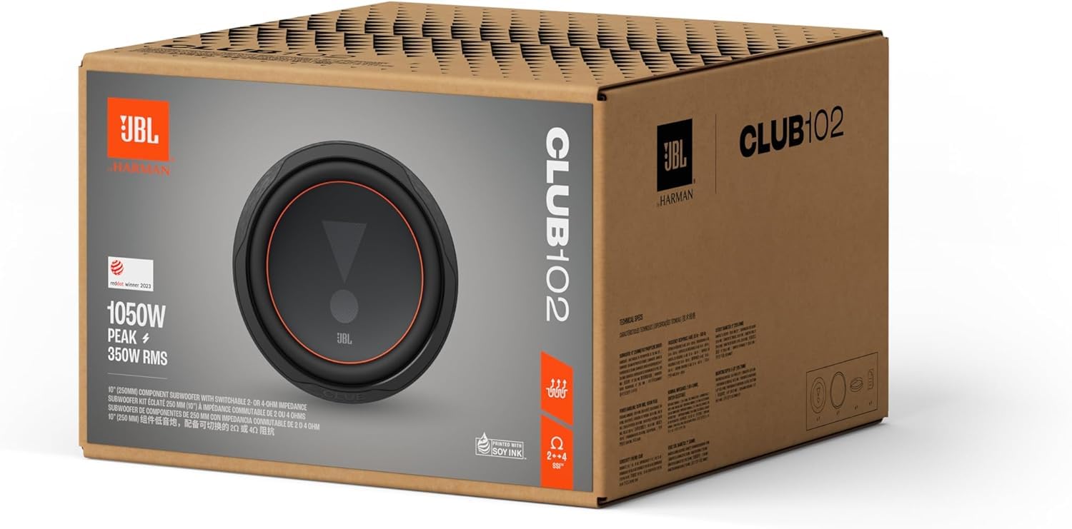 JBL Club 102 Subwoofer 250mm 10" con 350W RMS y 1050W Pico, Impedancia Seleccionable 2 o 4 Ohm, Sensibilidad 83dB, Rango 35Hz-500Hz, Surround de Goma Duradera para Audio Potente en Vehículos