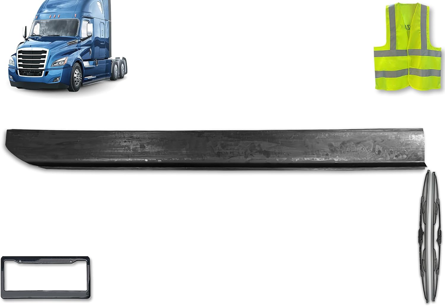 KOZAK Front Skirt Fairing Panel Stripe Long Compatible with Freightliner Cascadia 2018+, Left Driver Side, Includes Logo, 2X 22 Windshield Wipers, License Plate Frame, and Reflective Vest